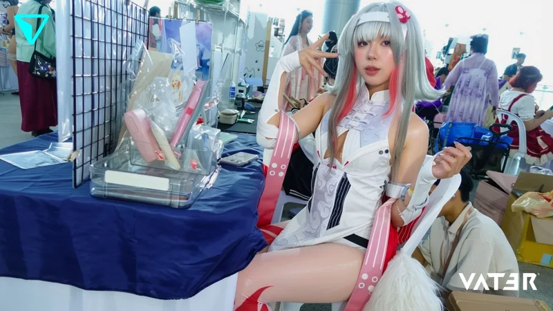 คอสเพลเยอร์ผมสีเงินในชุดสีขาวสลับแดงโพสท่าขณะนั่งอยู่ที่บูธจำหน่ายสินค้าในฮอลล์จัดงานที่มีผู้คนคึกคัก