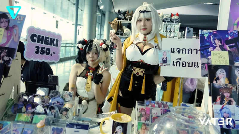 คอสเพลเยอร์สองคนโพสท่าอยู่หลังบูธขายสินค้าที่มีทั้งเข็มกลัดอนิเมะ รูปถ่าย และป้ายราคาในงานคอนเวนชัน