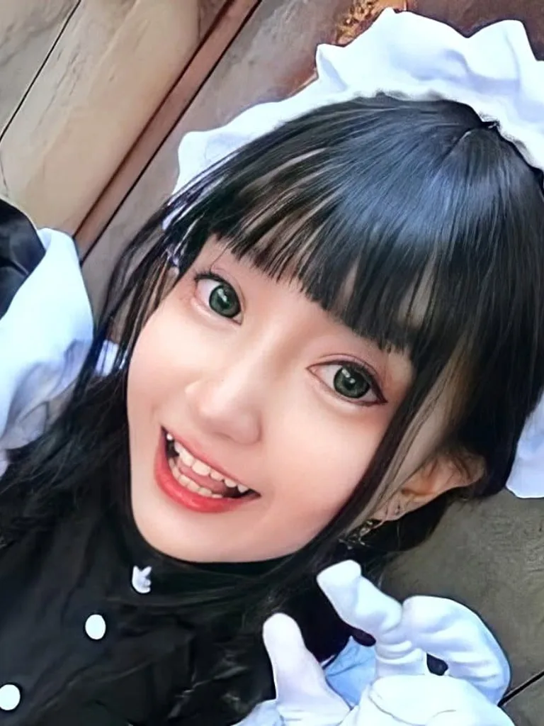 คอสเพลเยอร์ยิ้มสดใสในชุดเมดสีขาวดำและที่คาดผมระบายพร้อมเขี้ยวแหลม ขณะมองขึ้นมาที่กล้อง