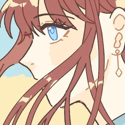 ภาพวาดอนิเมะของหญิงสาวที่มีดวงตาสีฟ้าและผมสีน้ำตาลแดงปลิวไสว สวมต่างหูระย้า