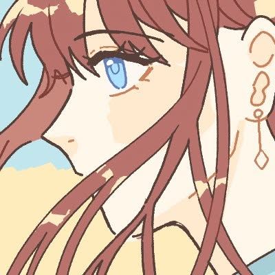 ภาพวาดอนิเมะของหญิงสาวที่มีดวงตาสีฟ้าและผมสีน้ำตาลแดงปลิวไสว สวมต่างหูระย้า