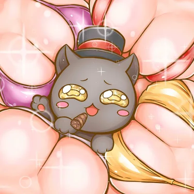 แมวดำการ์ตูนสวมหมวกทรงสูงกำลังสูบซิการ์อย่างมีความสุขท่ามกลางร่องอกบิกินี่สไตล์อนิเมะ