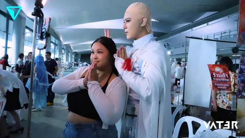 หญิงสาวและคอสเพลเยอร์ในชุดนักบวชสีขาวพนมมือโพสท่าถ่ายรูปคู่กันภายในงานอนิเมะ