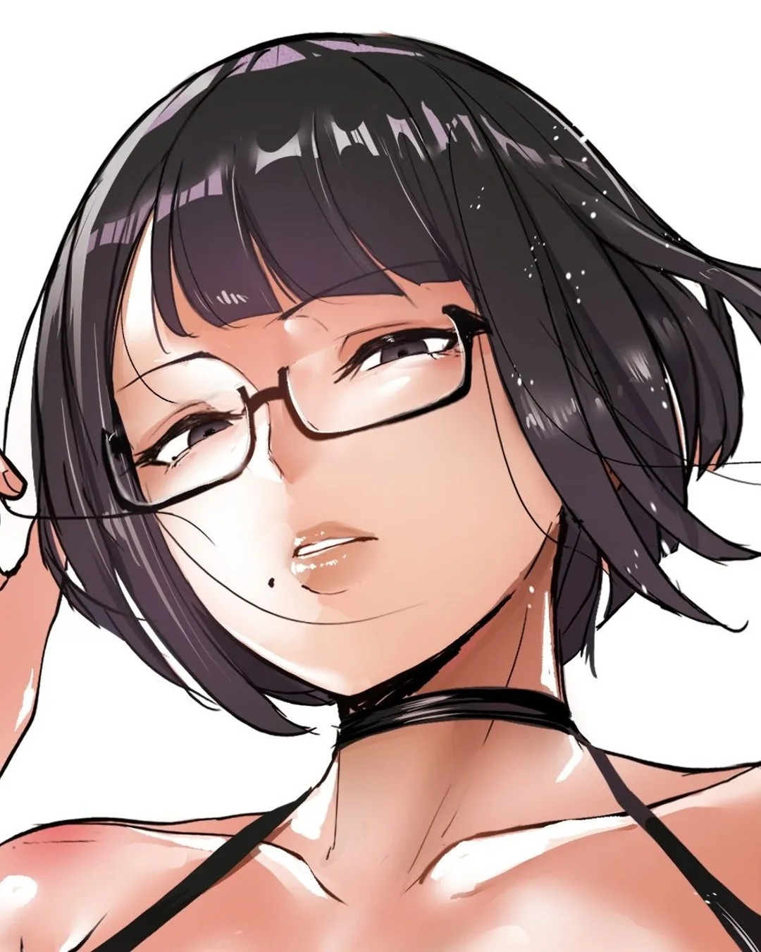 ภาพวาดอนิเมะของหญิงสาวผมสั้นสวมแว่นตาและโชคเกอร์สีดำ กำลังจับขาแว่นพร้อมส่งสายตามองตรง