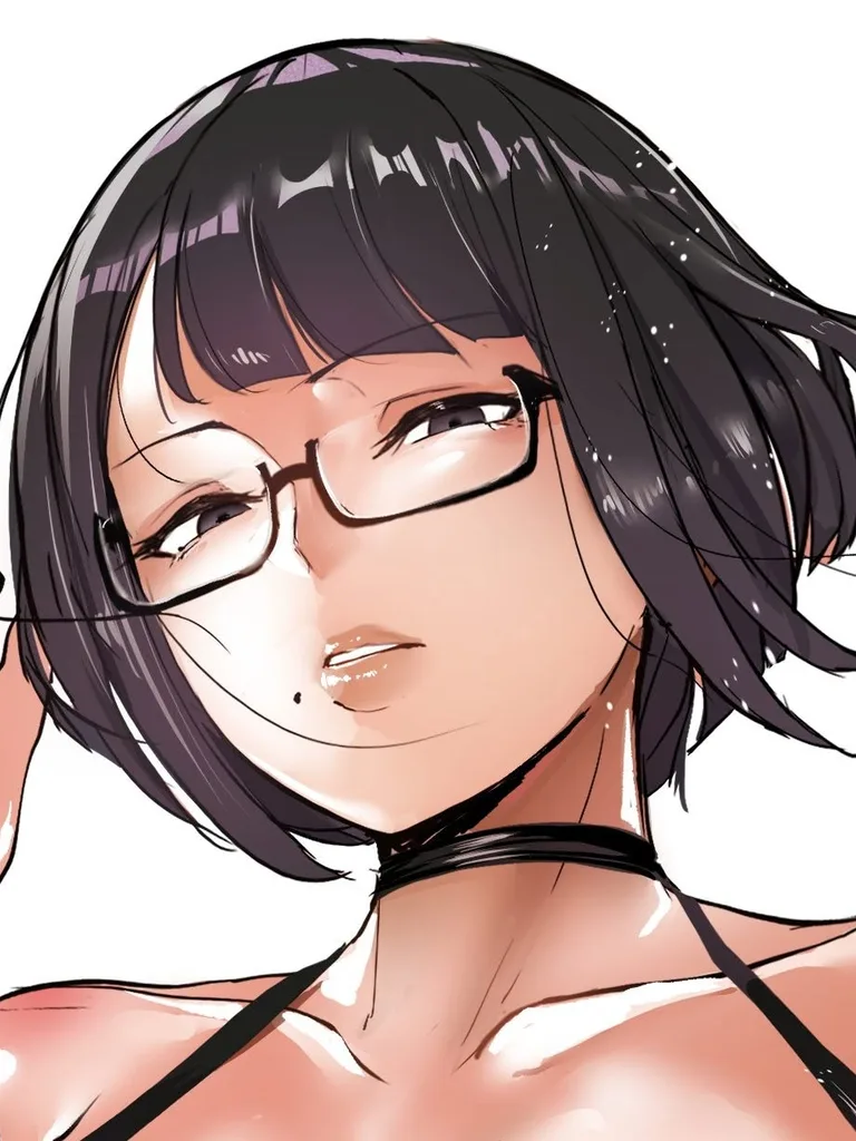 ภาพวาดอนิเมะของหญิงสาวผมสั้นสวมแว่นตาและโชคเกอร์สีดำ กำลังจับขาแว่นพร้อมส่งสายตามองตรง