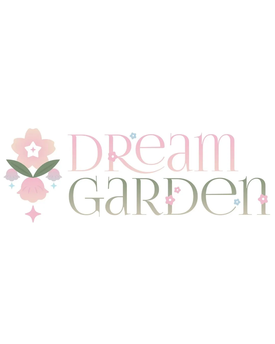 โลโก้ข้อความ Dream Garden สีชมพูและสีเขียว พร้อมตราสัญลักษณ์ลายดอกไม้สีพาสเทลและประกายวิบวับบนพื้นหลังสีขาว