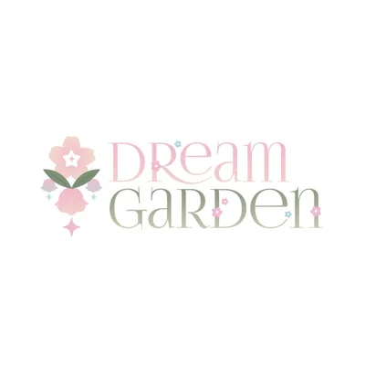 โลโก้ข้อความ Dream Garden สีชมพูและสีเขียว พร้อมตราสัญลักษณ์ลายดอกไม้สีพาสเทลและประกายวิบวับบนพื้นหลังสีขาว