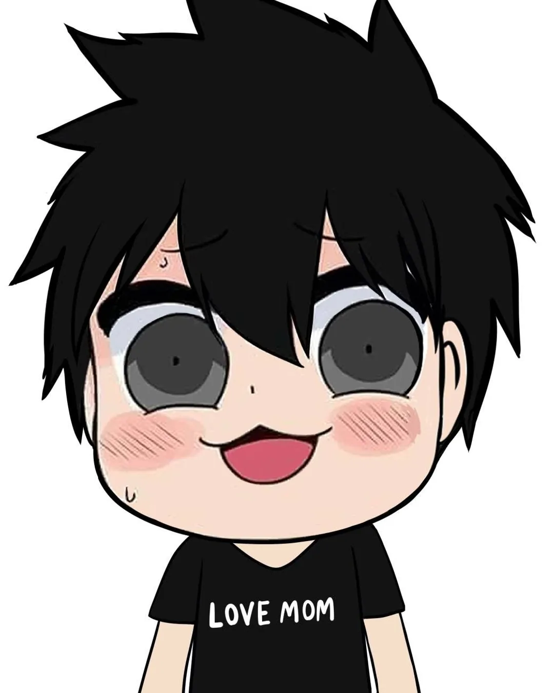 ตัวการ์ตูนจิบิเด็กผู้ชายผมชี้สีดำยิ้มอย่างเขินอายพร้อมหยดเหงื่อ สวมเสื้อยืดสีดำสกรีนคำว่า LOVE MOM