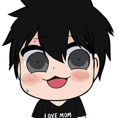 ตัวการ์ตูนจิบิเด็กผู้ชายผมชี้สีดำยิ้มอย่างเขินอายพร้อมหยดเหงื่อ สวมเสื้อยืดสีดำสกรีนคำว่า LOVE MOM