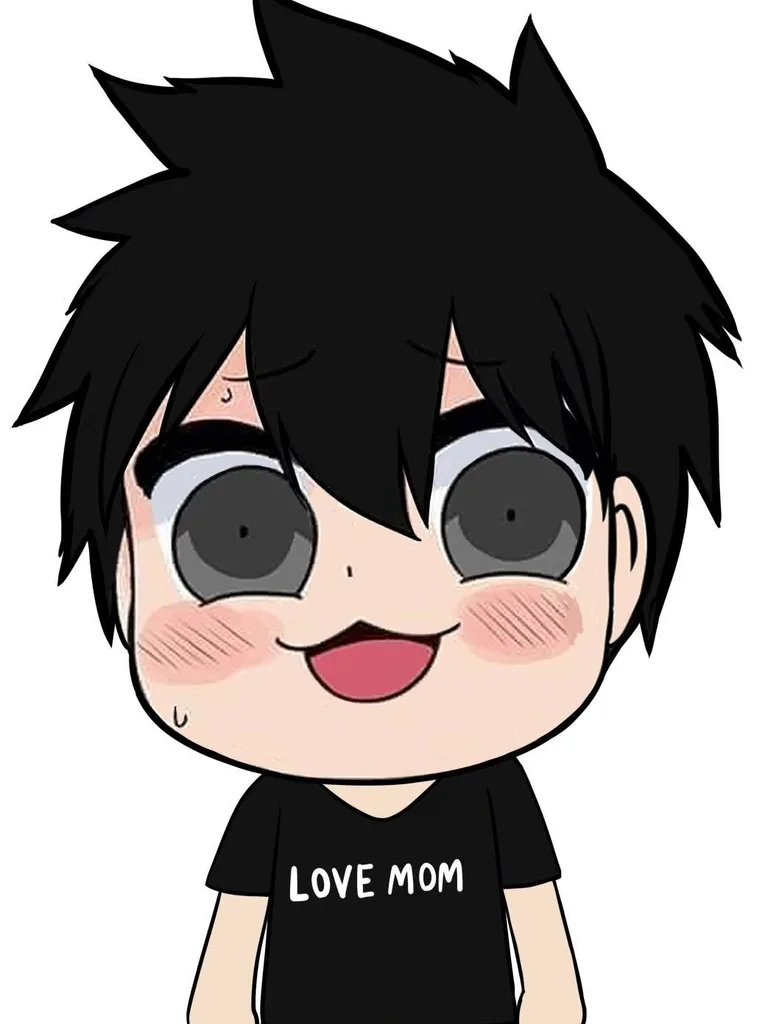 ตัวการ์ตูนจิบิเด็กผู้ชายผมชี้สีดำยิ้มอย่างเขินอายพร้อมหยดเหงื่อ สวมเสื้อยืดสีดำสกรีนคำว่า LOVE MOM