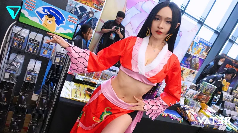 หญิงสาวแต่งคอสเพลย์เป็น Boa Hancock จาก One Piece โพสท่าในชุดสีแดงชมพูที่บูธในงานจัดแสดง