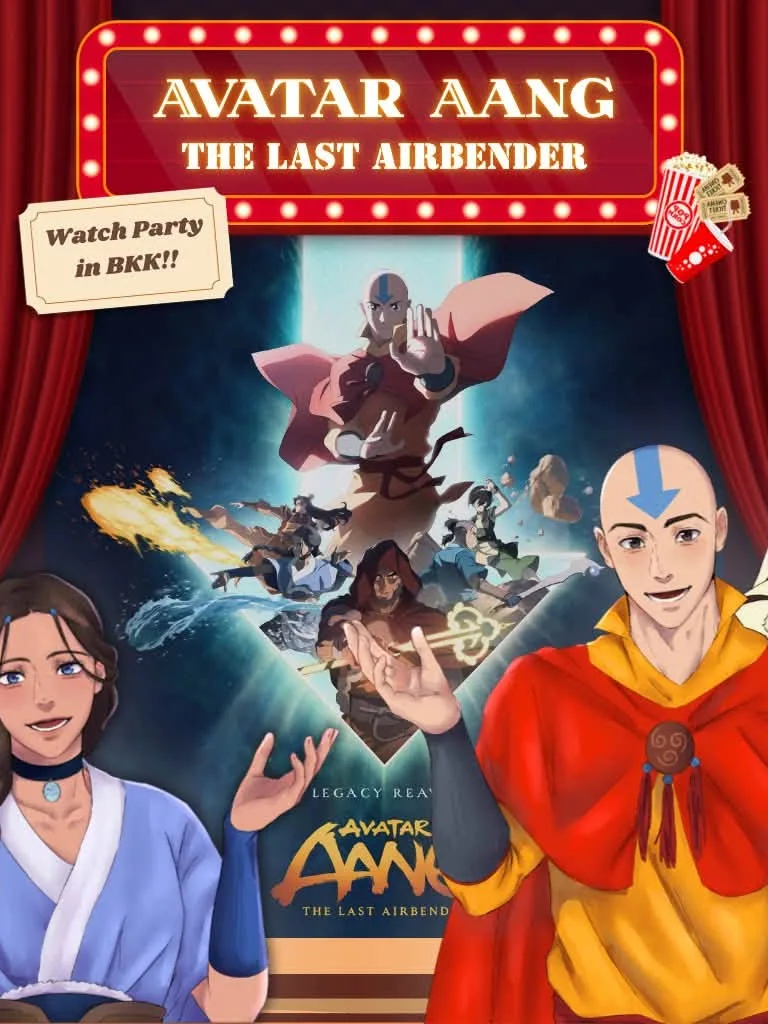 Katara และ Aang พร้อมด้วย Momo ผายมือไปที่โปสเตอร์ Avatar: The Last Airbender หน้าม่านโรงละครสีแดงสำหรับงาน Watch Party ในกรุงเทพฯ