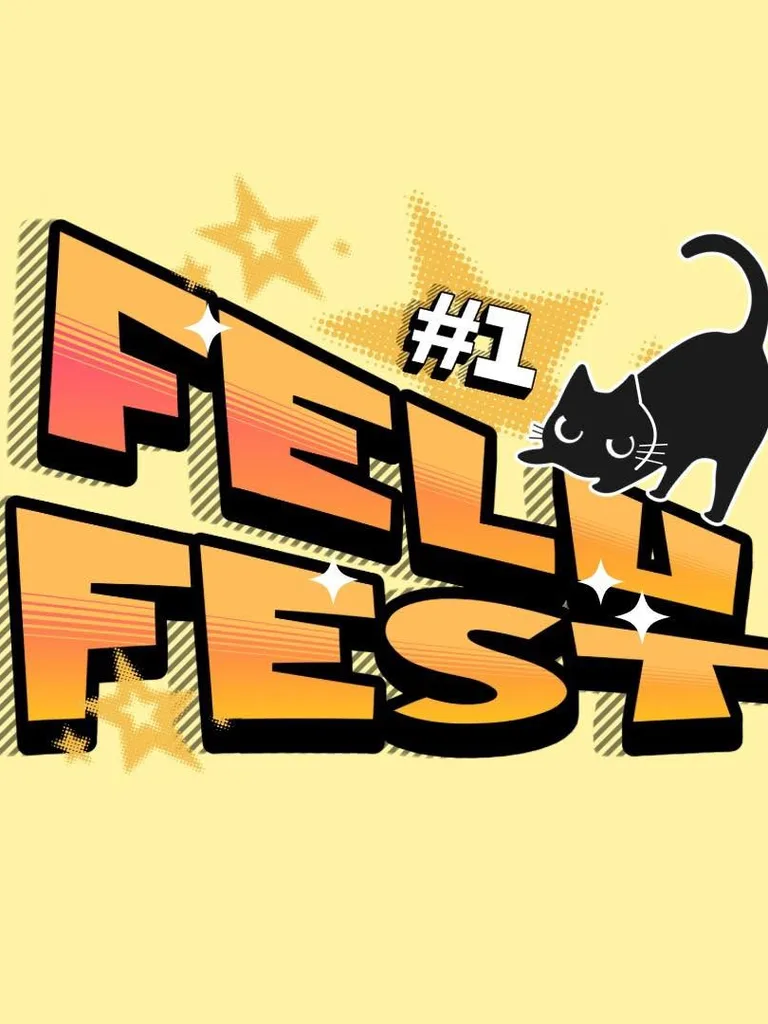 ข้อความสไตล์การ์ตูนสีส้มเขียนว่า FELU FEST #1 พร้อมภาพการ์ตูนแมวดำเกาะอยู่บนตัวอักษร U บนพื้นหลังสีเหลืองอ่อน