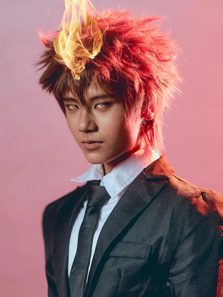 คอสเพลเยอร์แต่งกายเป็น Tsunayoshi Sawada จาก Katekyo Hitman Reborn! พร้อมผมชี้ฟู เปลวไฟบนหน้าผาก และสวมชุดสูทสีดำ