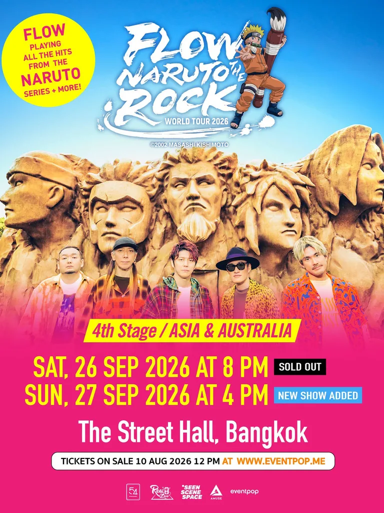 โปสเตอร์คอนเสิร์ต FLOW World Tour แสดงสมาชิกวงยืนอยู่หน้าหน้าผาหินสลักรูปโฮคาเงะจากการ์ตูนเรื่อง Naruto