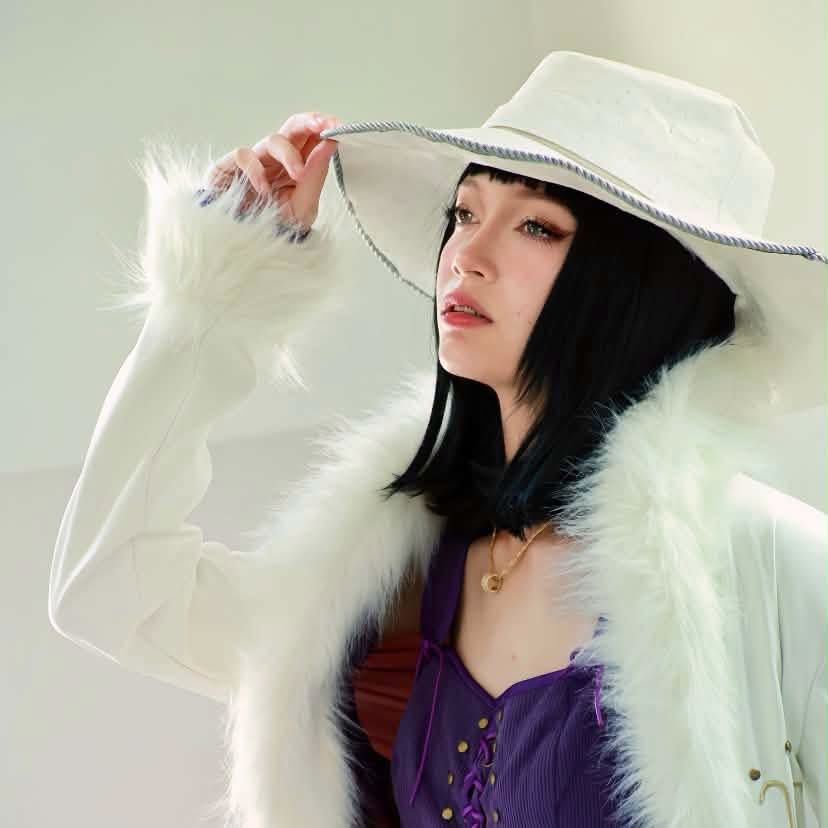 หญิงสาวคอสเพลย์เป็น Nico Robin จาก One Piece สวมหมวกคาวบอยสีขาวและเสื้อโค้ตแต่งขนเฟอร์ กำลังจับปีกหมวกและมองขึ้นด้านบน