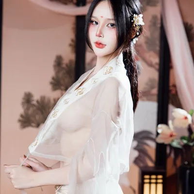 หญิงสาวในชุดฮั่นฝูผ้าโปร่งสีขาวปักลายพร้อมปิ่นปักผมลายดอกไม้ โพสท่าหน้าฉากกั้นห้องภาพวาดแบบดั้งเดิม