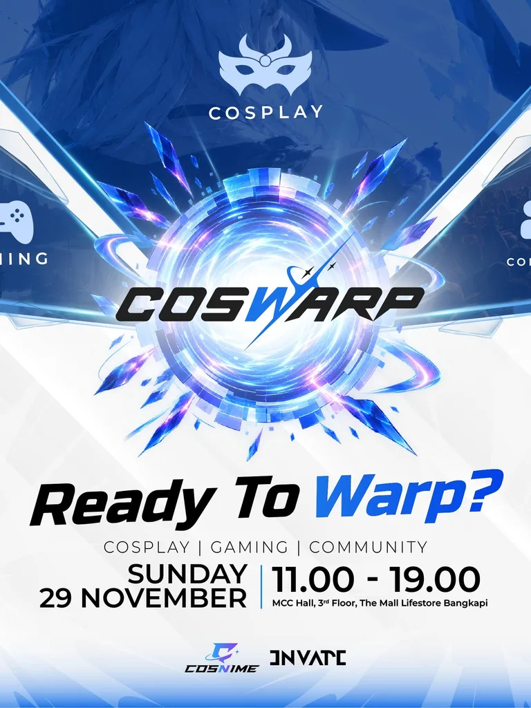โปสเตอร์โปรโมตงาน COSWARP โดดเด่นด้วยวงแหวนพลังงานแสงสีฟ้า กราฟิกไซไฟ ข้อมูลการจัดงาน และไอคอนคอสเพลย์ เกม และคอมมูนิตี้