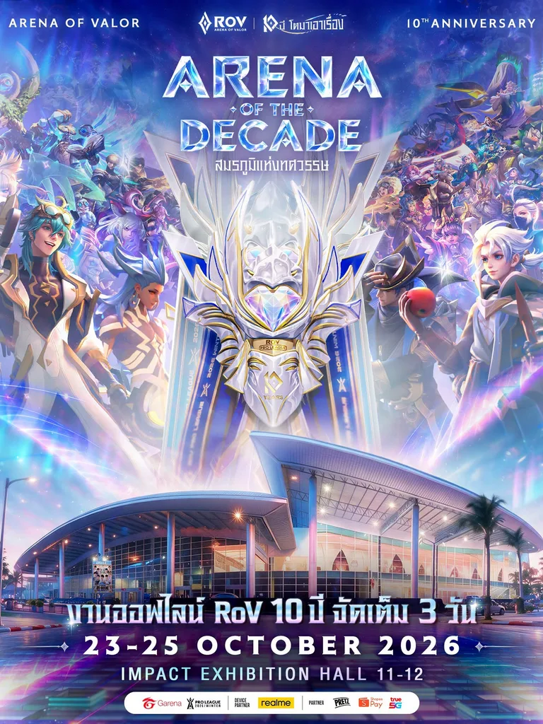 โปสเตอร์งานฉลองครบรอบ 10 ปี RoV แสดงถ้วยรางวัลส่องประกาย ตัวละครในเกม และอาคาร IMPACT Exhibition Hall