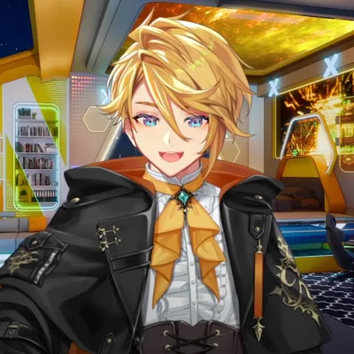 A smiling blonde anime boy with blue eyes wearing a black coat and yellow cravat inside a high-tech futuristic bedroom.