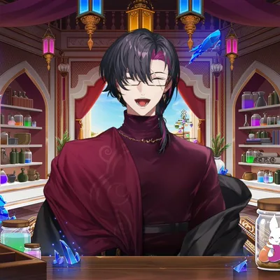 An anime man with dark hair and glasses smiles cheerfully behind a counter in a magic shop filled with potion bottles and glowing blue crystals.