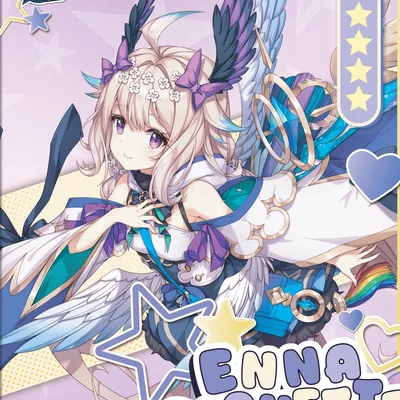 Collectible anime card of Enna Alouette with a winged headpiece, purple eyes, and a flowing white and blue outfit surrounded by stars.