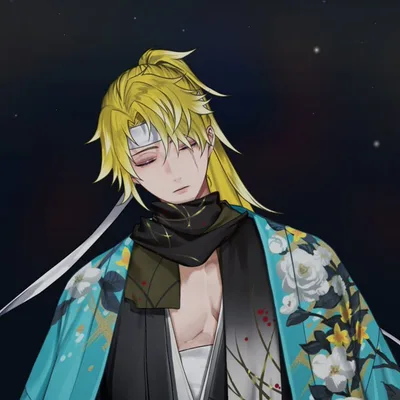A blonde anime samurai with closed eyes rests quietly, wearing a white headband and a floral turquoise haori against a starry night sky.