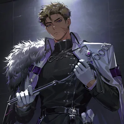 An anime man with short blond hair and a cheek scar holds a whip, wearing a dark uniform beneath a fur-lined lavender coat.