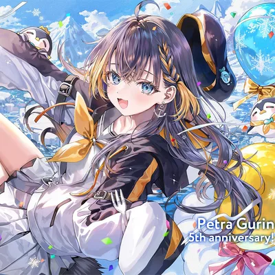 Anime girl Petra Gurin celebrates with a 5th anniversary cake, festive balloons, and cute penguins against a snowy backdrop.