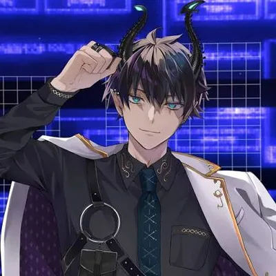 Anime boy with black horns and elf ears touches one horn while smiling, wearing a black shirt and white coat against a blue digital backdrop.