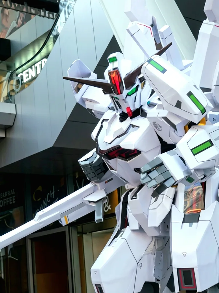 คอสเพลเยอร์ในชุดหุ่นยนต์ Gundam Calibarn สีขาวสุดอลังการ ยืนอยู่ท่ามกลางผู้ร่วมงานในฮอลล์จัดแสดง