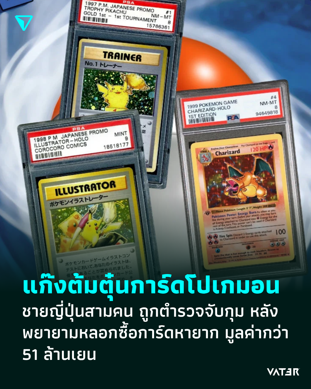 ภาพประกอบข่าว รวบแก๊งต้มตุ๋นการ์ดโปเกมอน ชายญี่ปุ่นสามคน ถูกตำรวจจับกุม หลังพยายามหลอกซื้อการ์ดหายาก มูลค่ากว่า 51 ล้านเยน