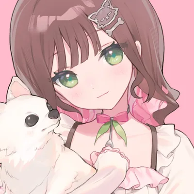 Anime girl with brown hair and green eyes holds a small white dog against a pink background.